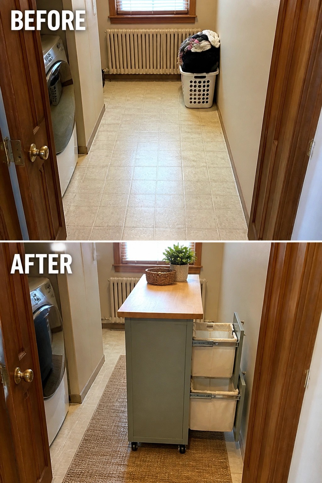 Before-and-after narrow laundry hallway with rolling green island, bins and plant.