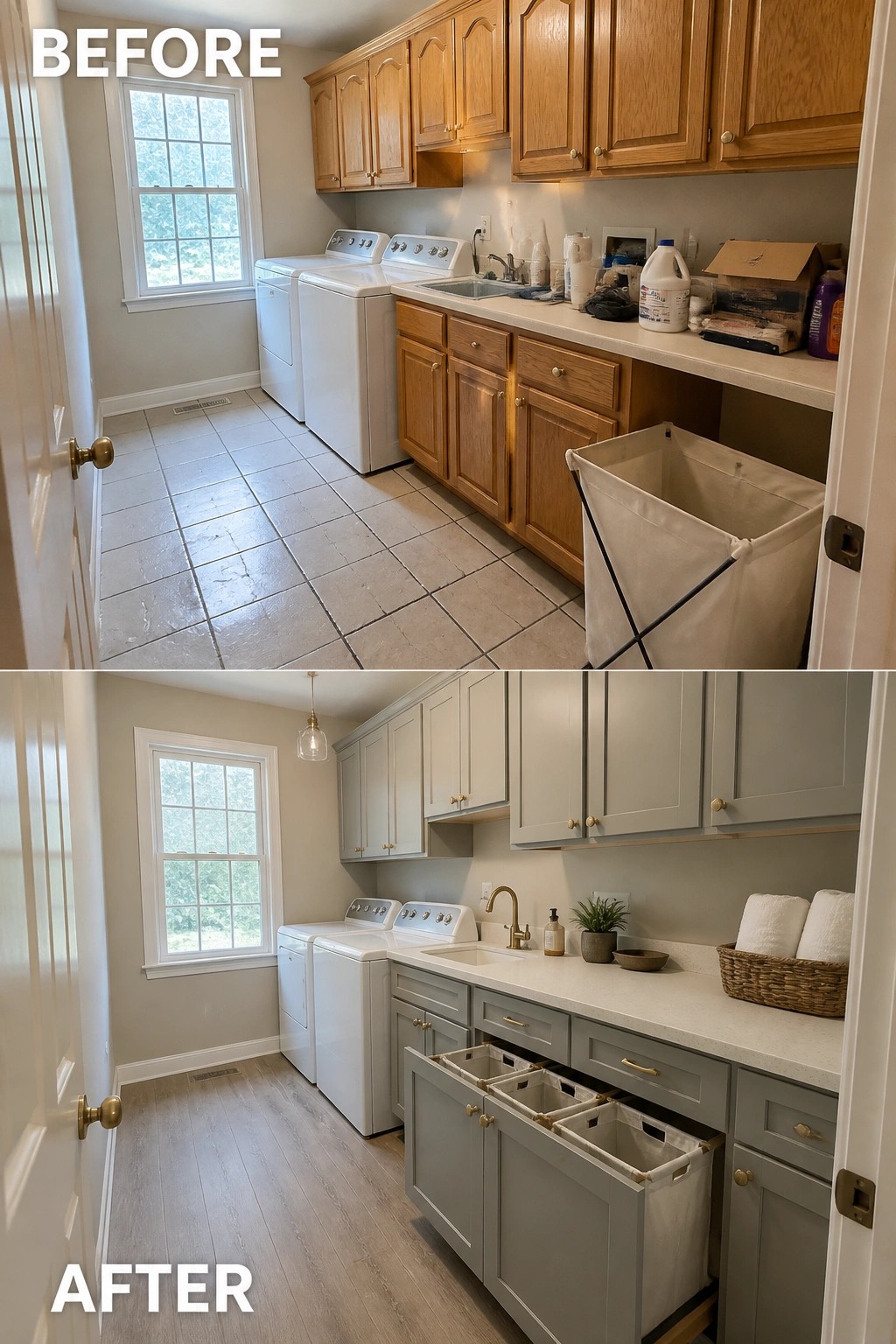 Before-and-after image of a laundry room showing a freestanding hamper replaced by integrated pull-out hampers built into the lower cabinets.