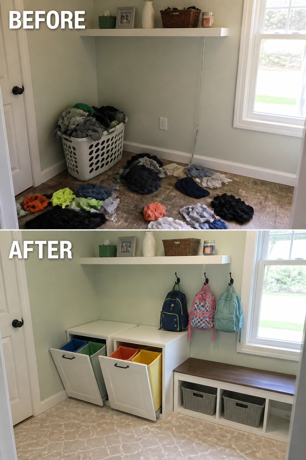 Before messy laundry pile and after organized room with bins, hooks, and bench.