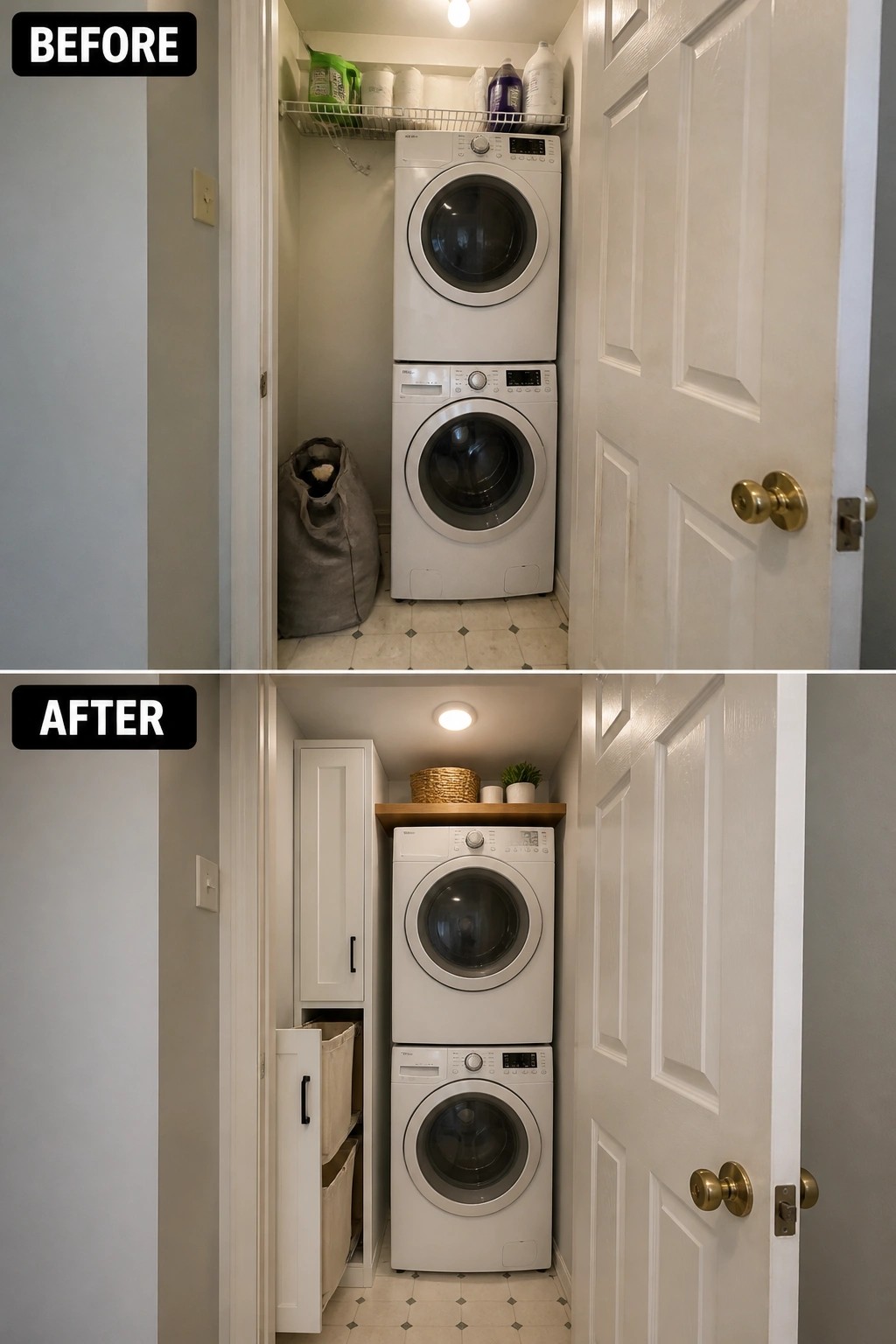 Before-and-after image of a laundry closet with stacked washer and dryer, showing added white cabinetry and pull-out hampers on the left side.