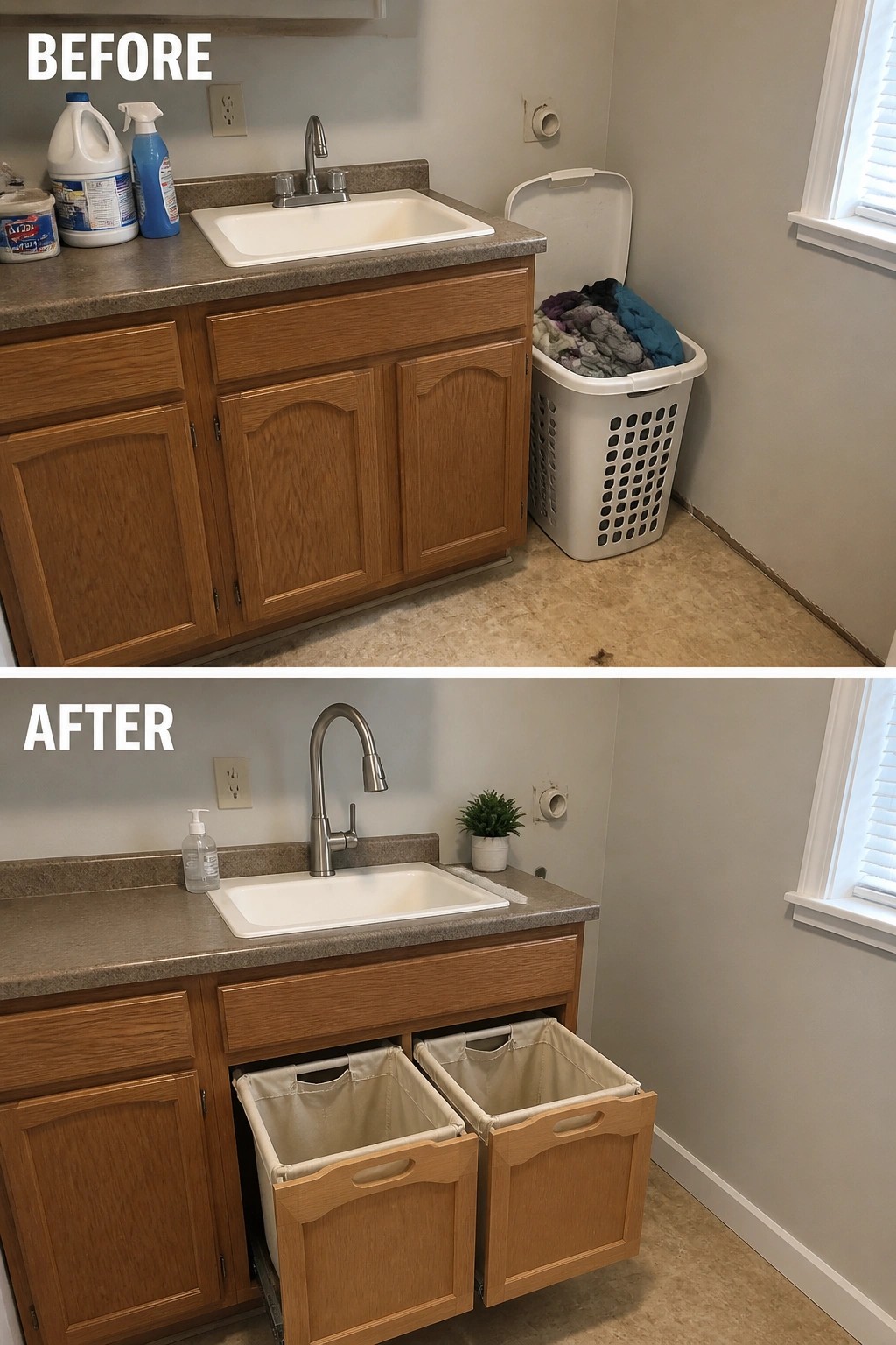 Before and after of wooden sink vanity with pull-out fabric laundry baskets.