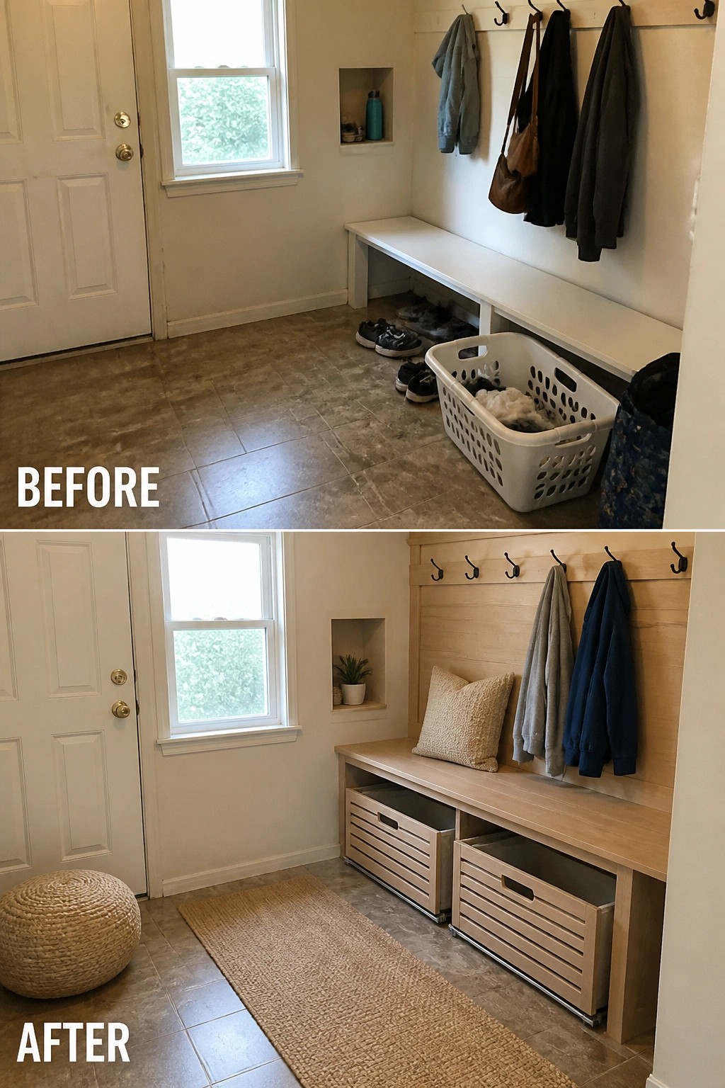 Before messy entryway and after organized light wood mudroom with storage benches