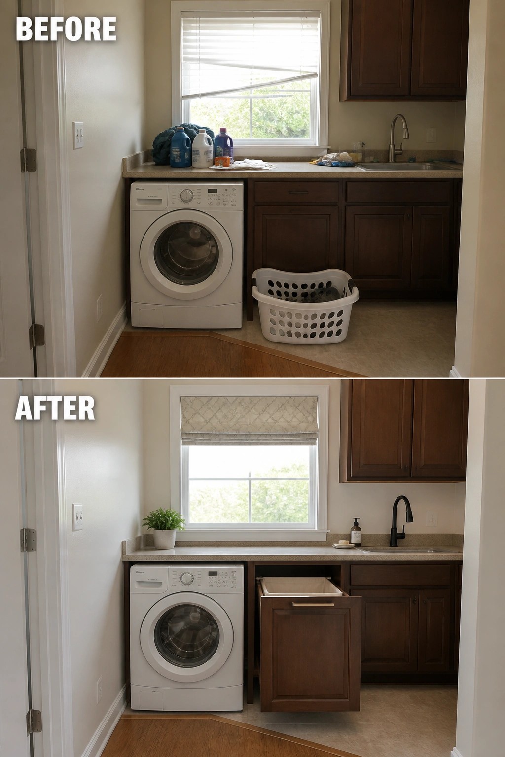 Before and after laundry room with white washer, dark cabinets, and window