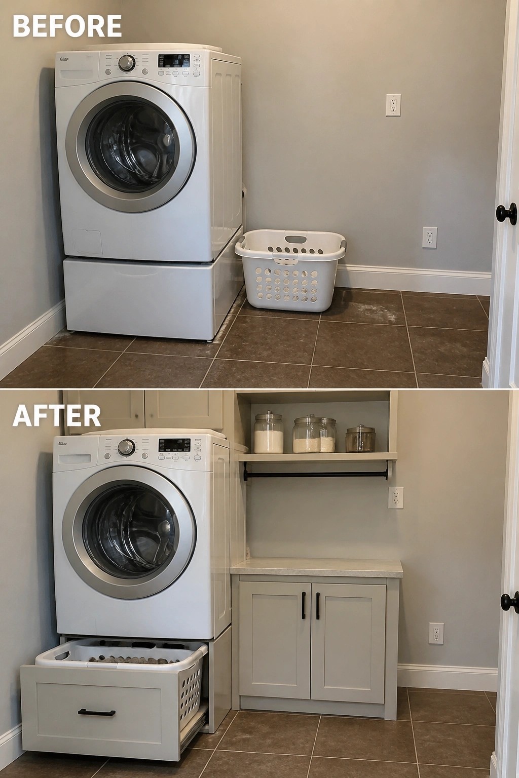 Before and after laundry room with white washer, basket, and custom cabinets.