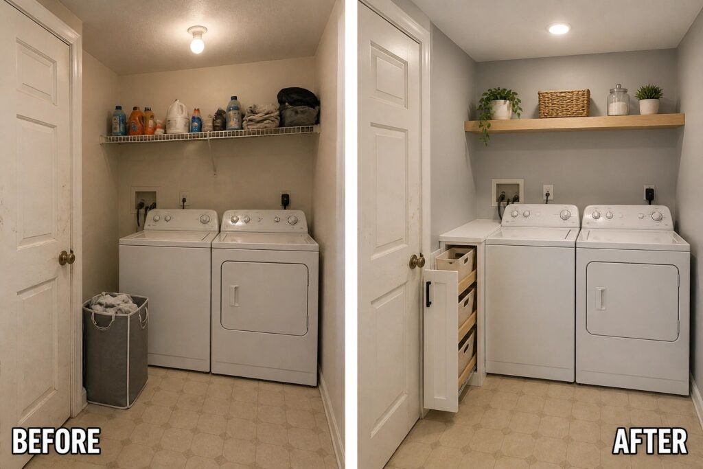 23 Smart Laundry Room Before and After Ideas Featuring Pull-Out Hampers Before-and-after image of a laundry closet with stacked washer and dryer, showing added white cabinetry and pull-out hampers on the left side.
