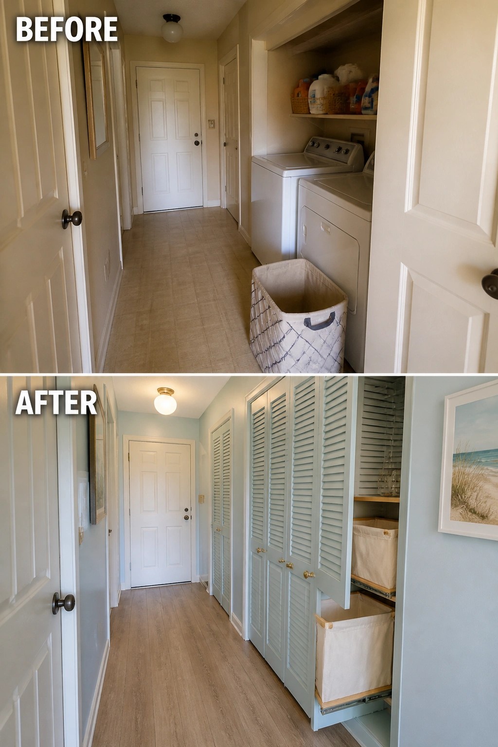 Before and after of hallway laundry space with new louvered cabinets and baskets.