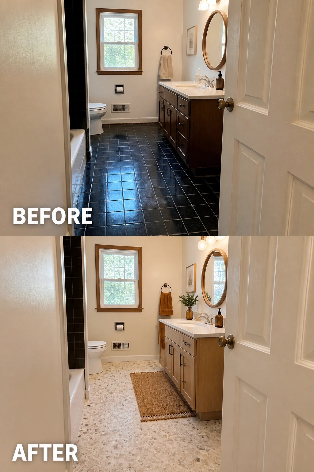 Before and after bathroom with dark tiles swapped for light terrazzo floor and wood vanity.