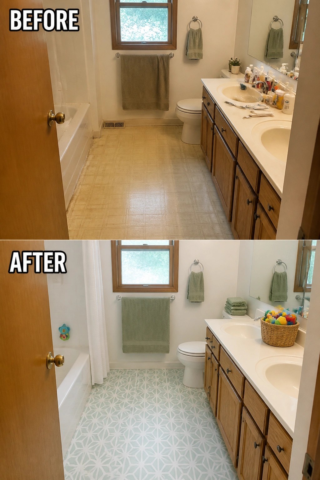 Before-and-after image of a bathroom showing an old beige tile floor replaced with a light geometric patterned tile floor.