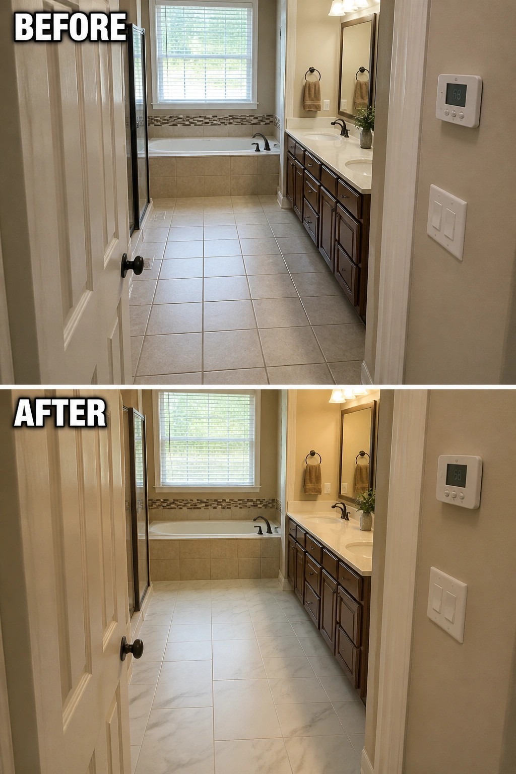 Before and after bathroom with beige tile replaced by white marble flooring