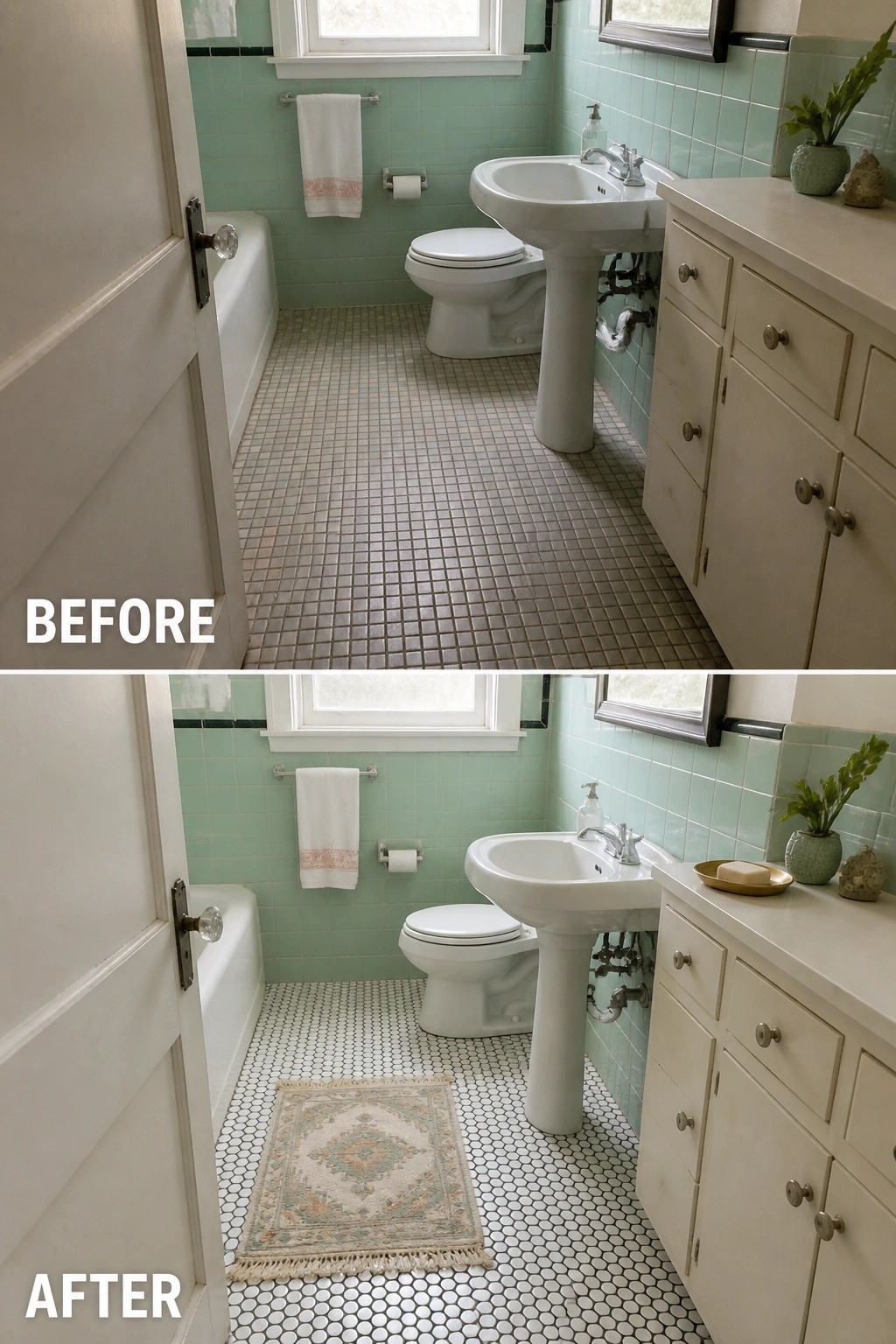 Before-and-after image of a bathroom with old square floor tiles replaced by white hexagonal tiles and a small rug added.