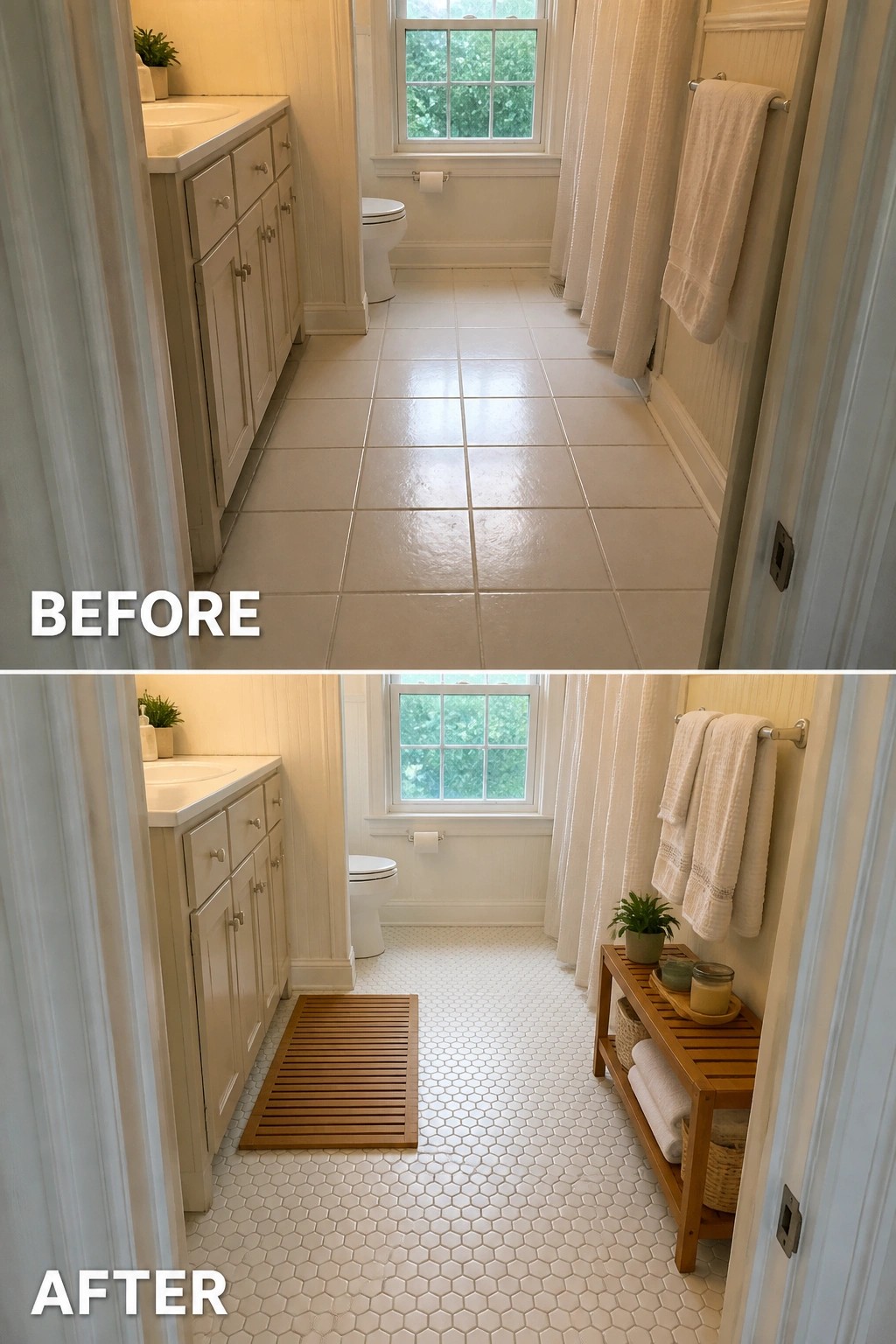 Before-and-after narrow white bathroom with new hex tile floor and wood shelf