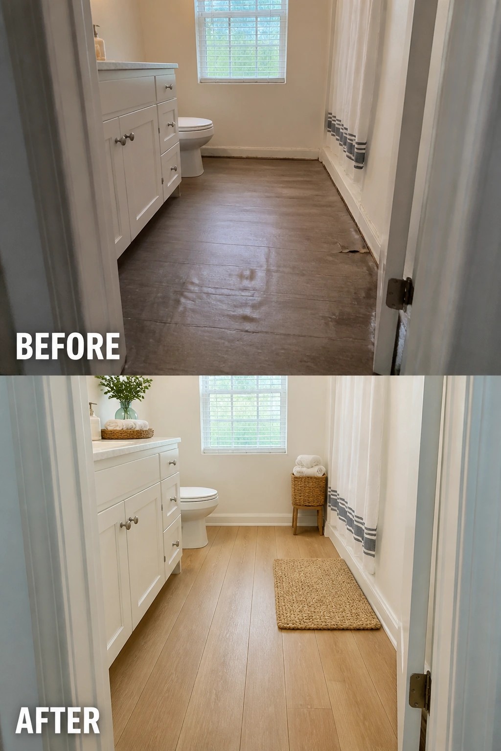 Before and after bathroom with dark worn floor replaced by light wood planks and rug