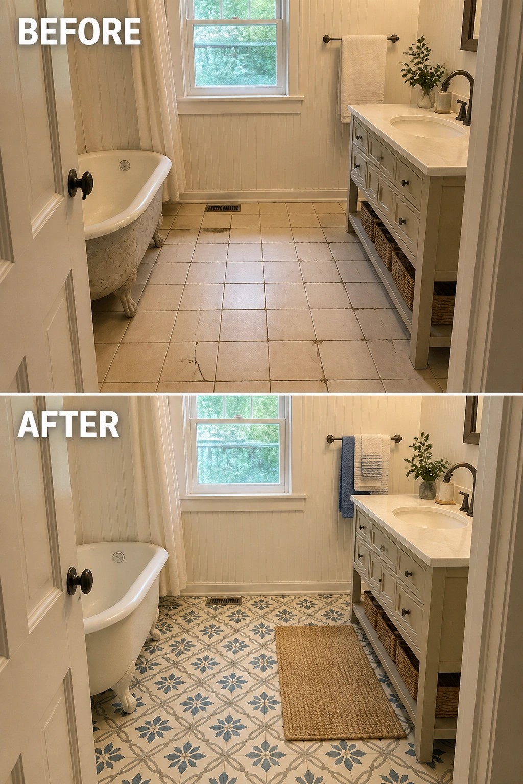Before and after views of bathroom with new patterned floor tiles and rug
