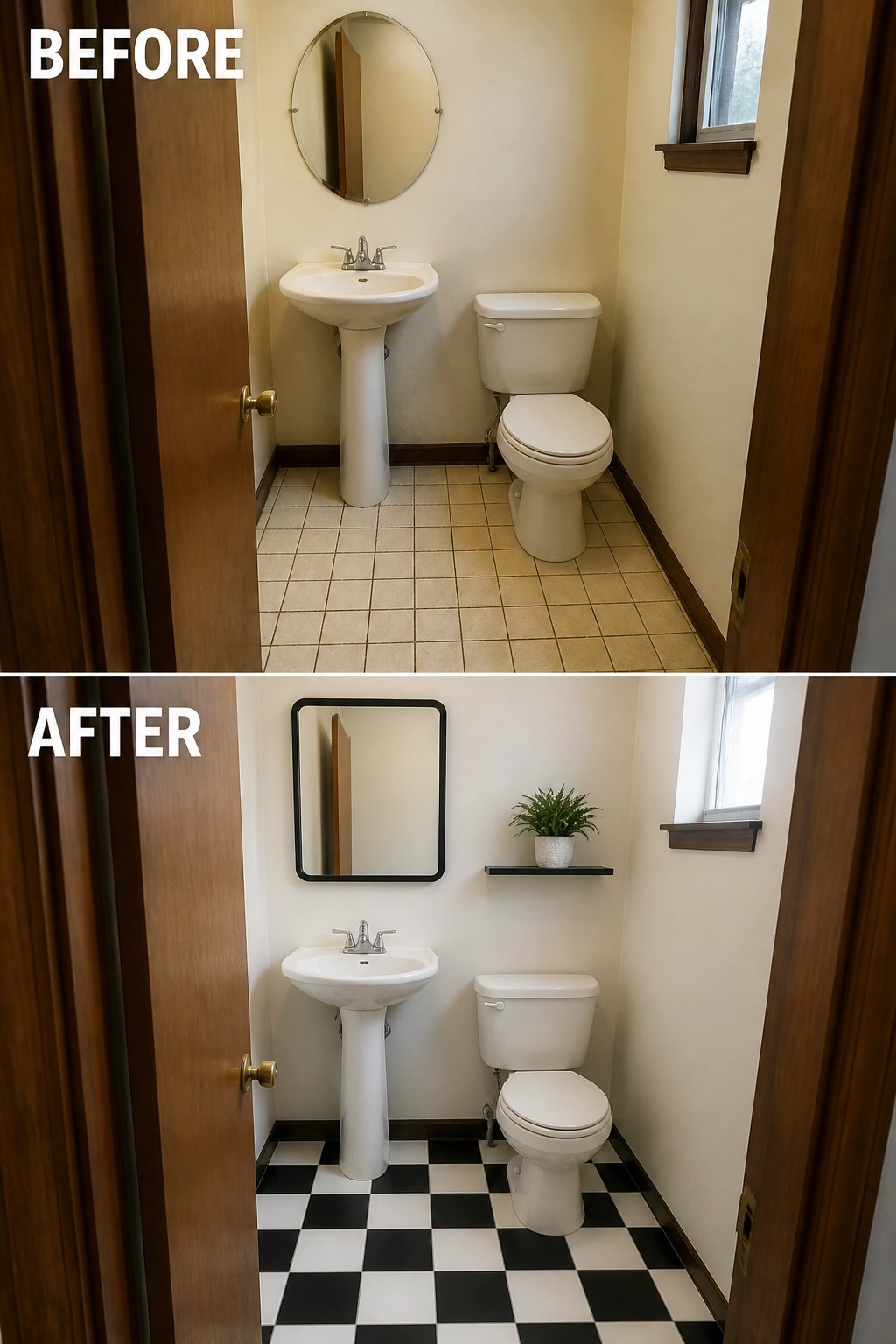 Before and after bathroom views with new checkered floor and black-framed mirror.