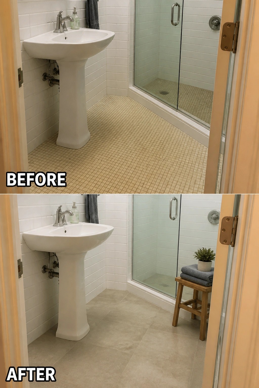 Before-and-after bathroom views showing new larger floor tiles and shower stool.