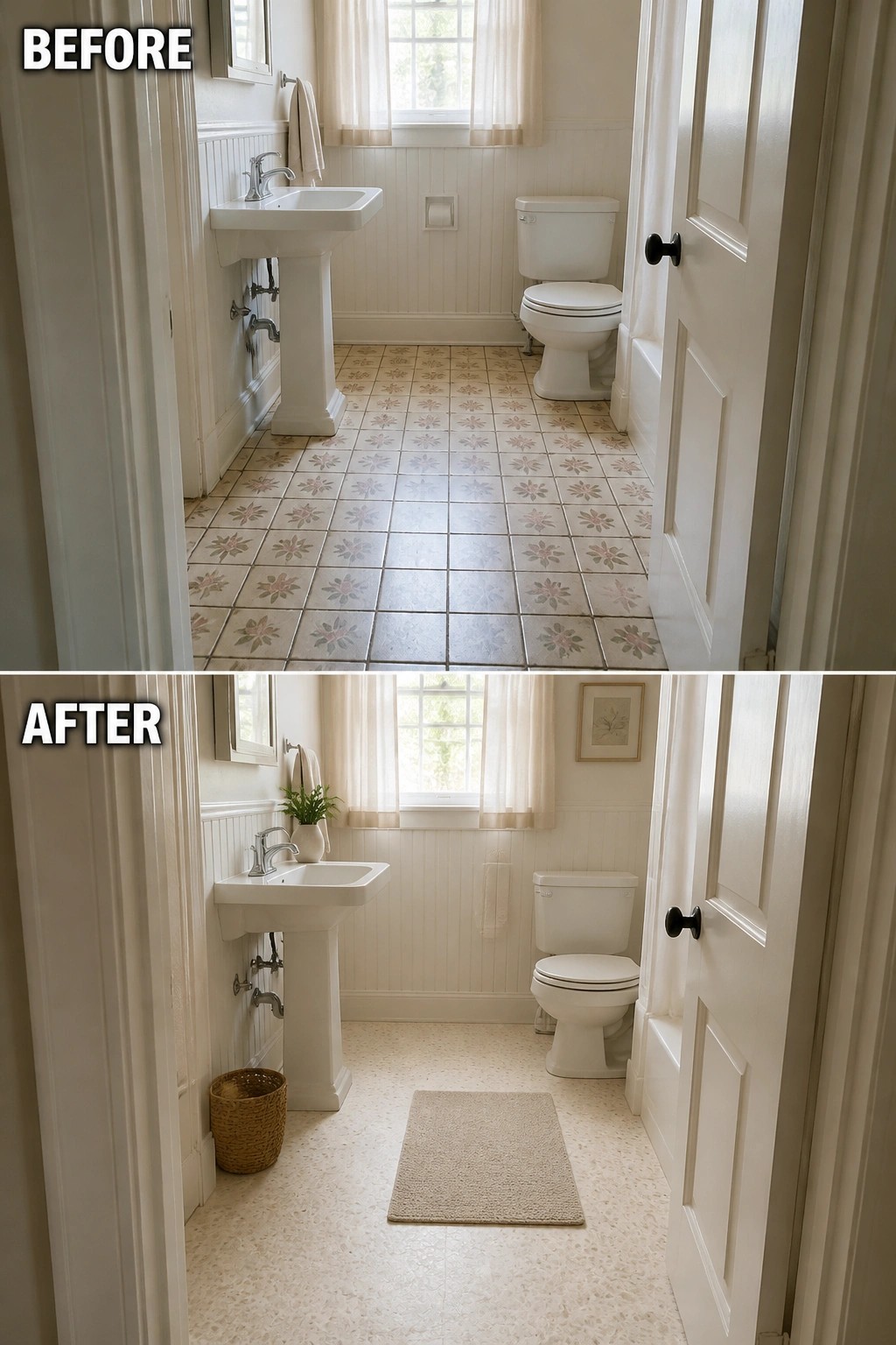 Before-and-after image of a bathroom showing old patterned floor tiles replaced with a simple light-colored floor.