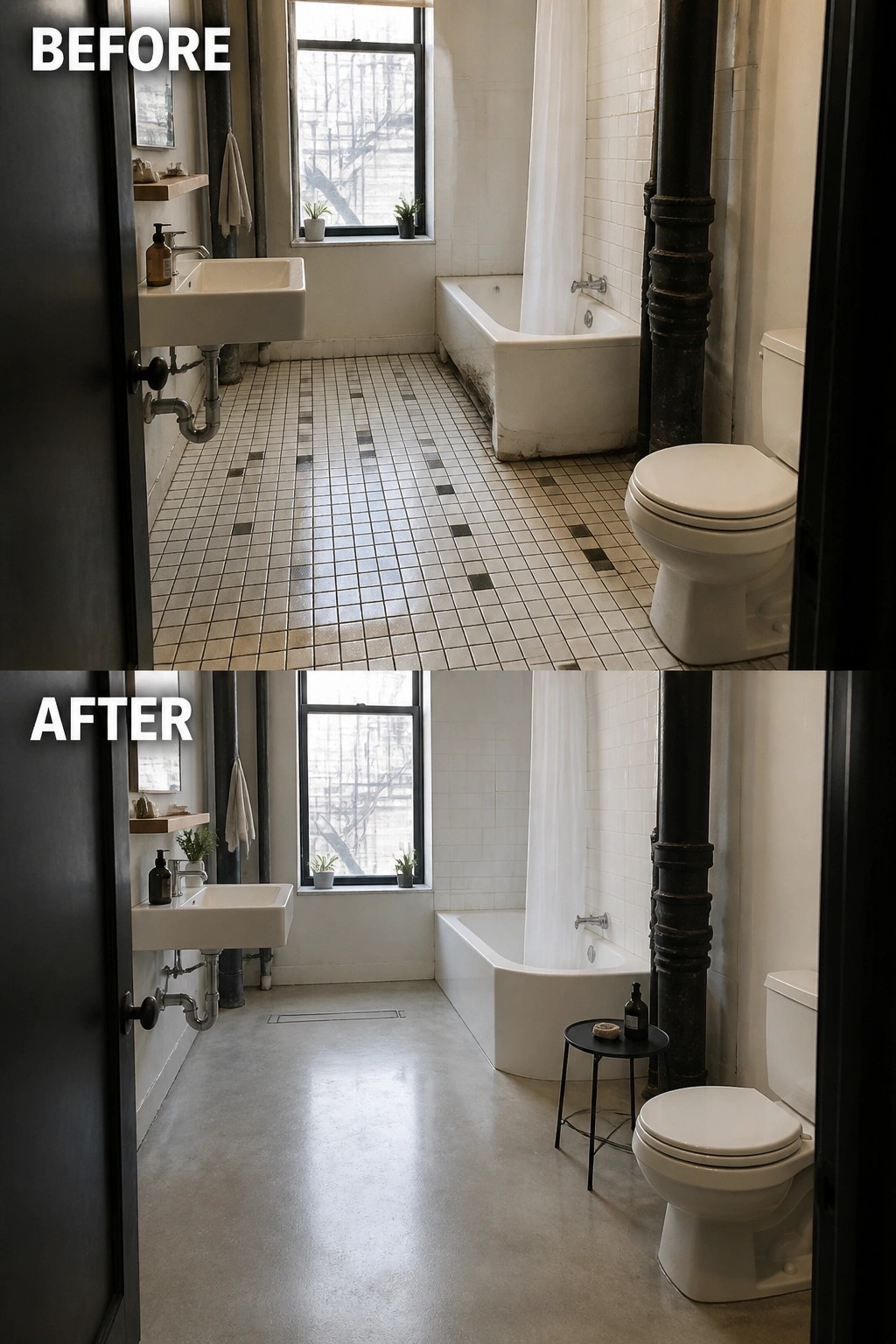 Before-and-after image of a bathroom showing old checkered tile floor replaced by a smooth concrete floor.