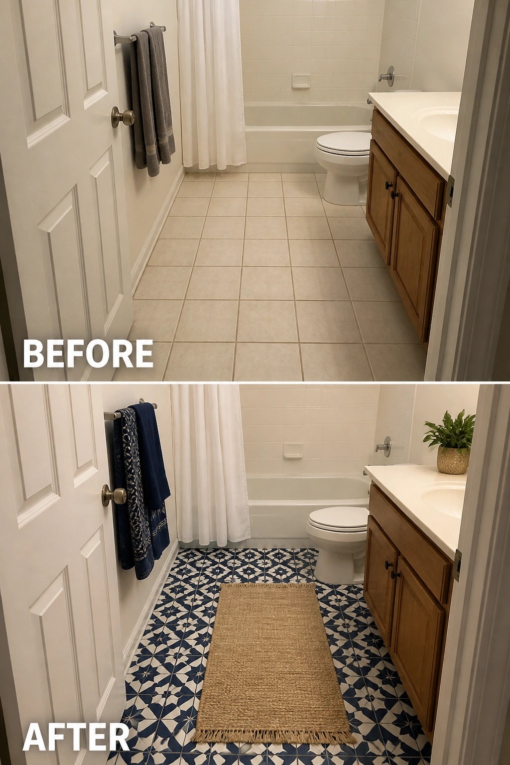Before and after bathroom with plain tiles replaced by blue patterned flooring and jute rug