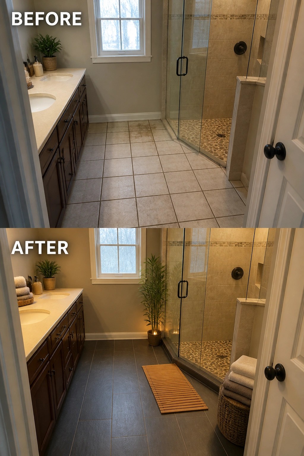 Before and after bathroom remodel with dark floor tiles and added plants.