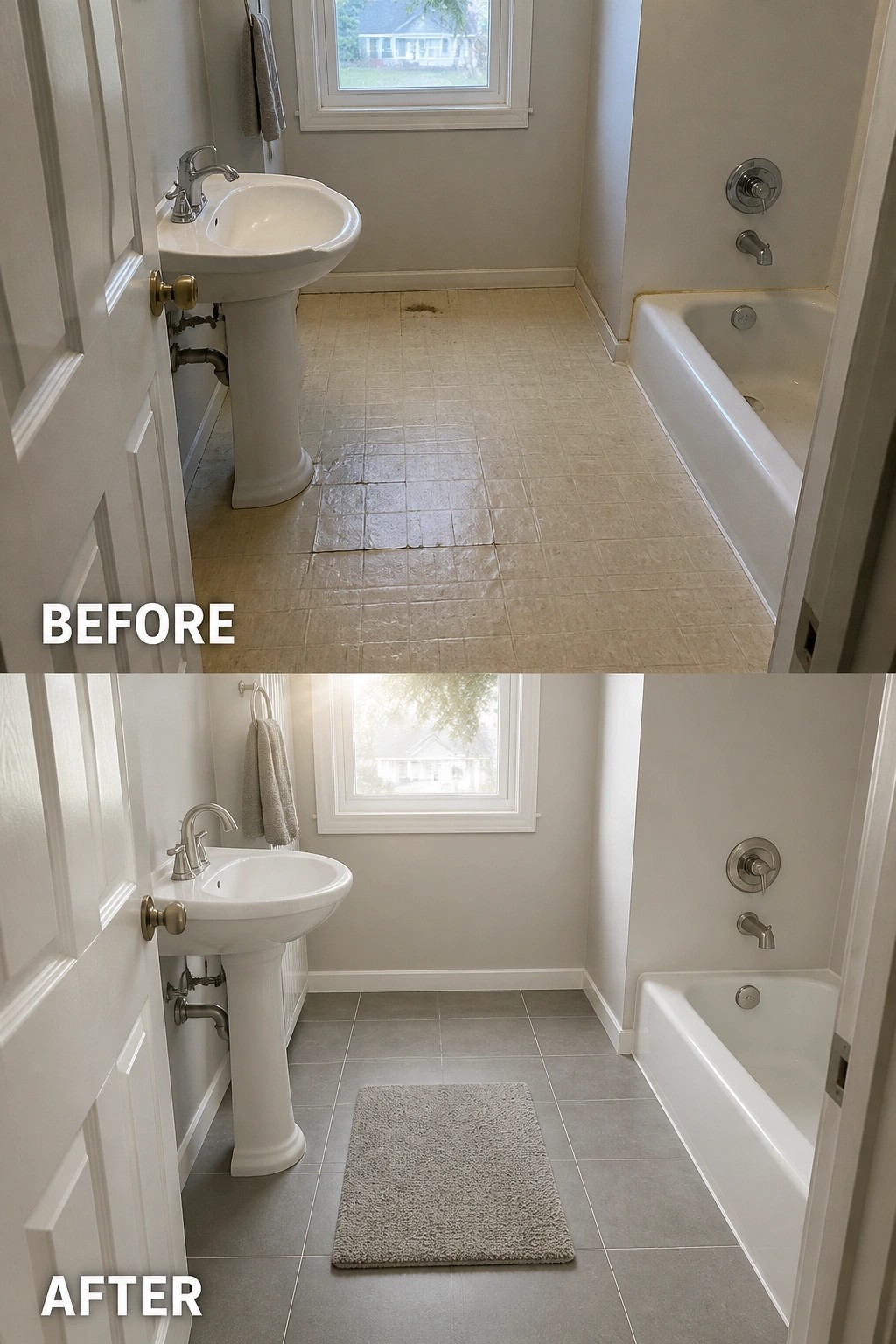 Before and after bathroom remodel showing new gray floor tiles and bath mat