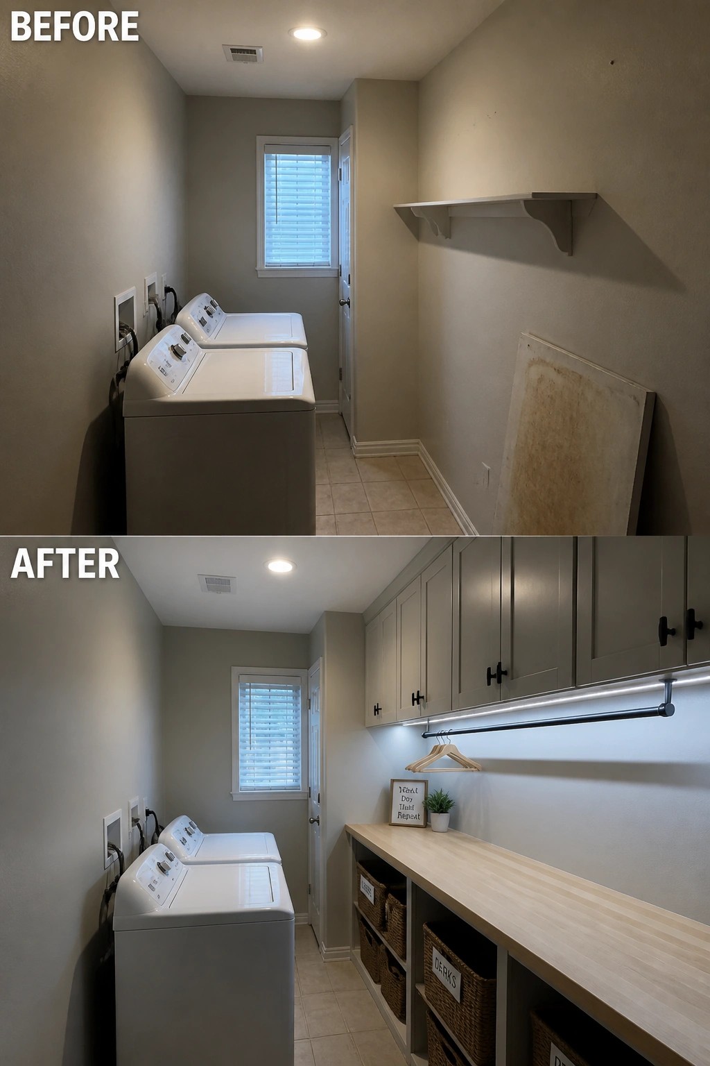 Before and after laundry room with new gray cabinets, wood counter, and storage.