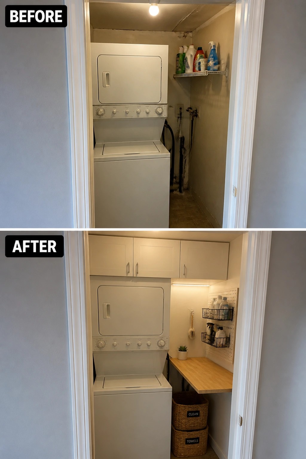 Before-and-after image of a laundry closet with stacked washer and dryer, updated with upper cabinets, side counter, pegboard, and under-cabinet lighting.