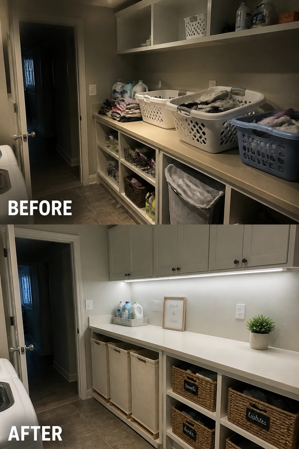 Before and after laundry room with cluttered baskets transformed into organized cabinets and labeled bins