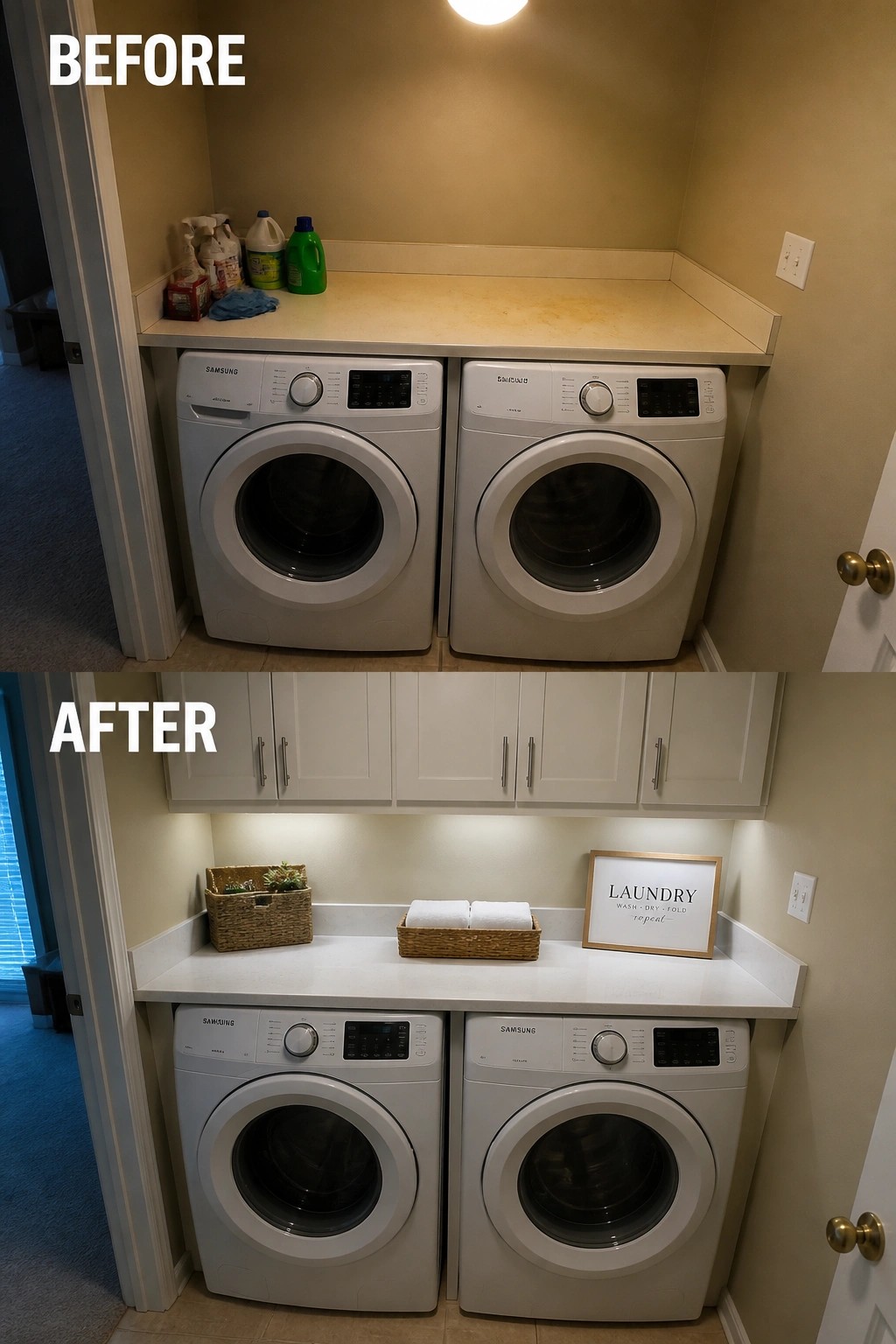 Before and after laundry room with Samsung machines, white cabinets, and organized countertop decor