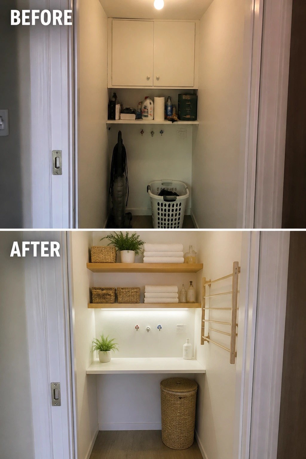 Before messy closet with vacuum; after organized with wooden shelves, towels and baskets.