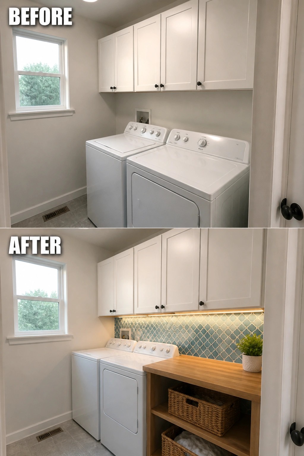 Before and after laundry room with white appliances, cabinets, wooden counter and blue tile backsplash