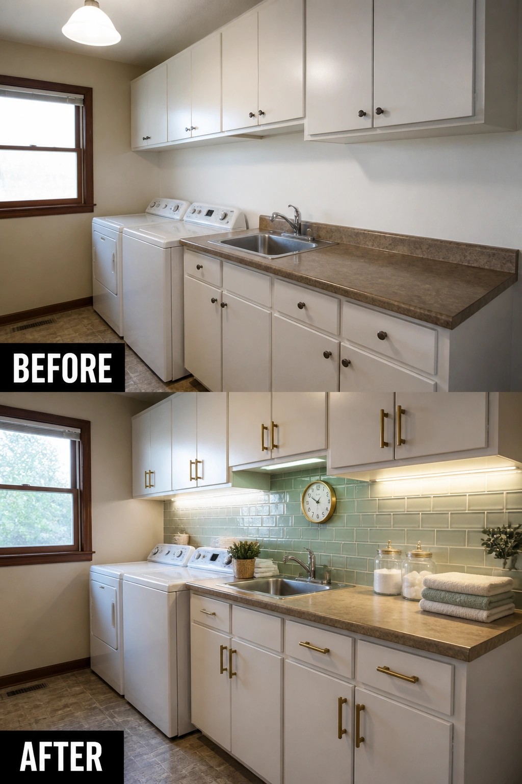 Before and after laundry room with white cabinets, washer, dryer, and green tile backsplash.