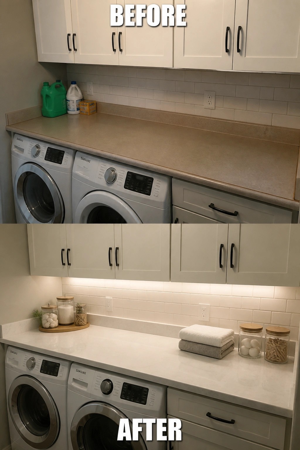 Before-and-after image of a laundry room showing added under-cabinet lighting and a cleaner countertop arrangement.