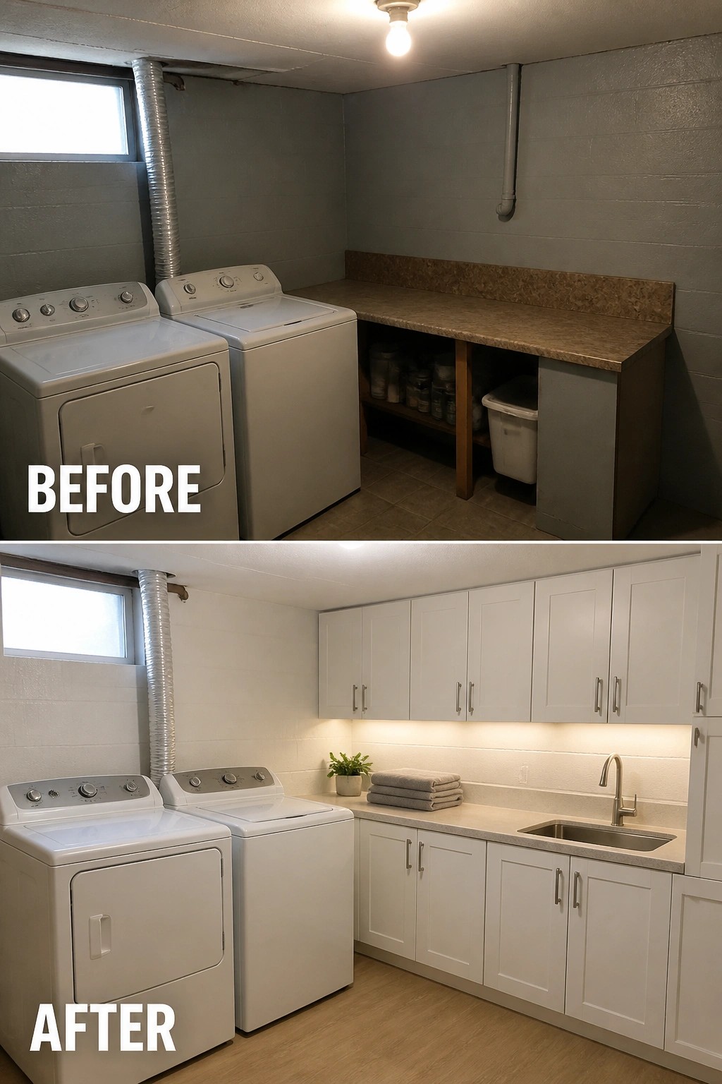Before and after laundry room renovation with new white cabinets, sink, and flooring