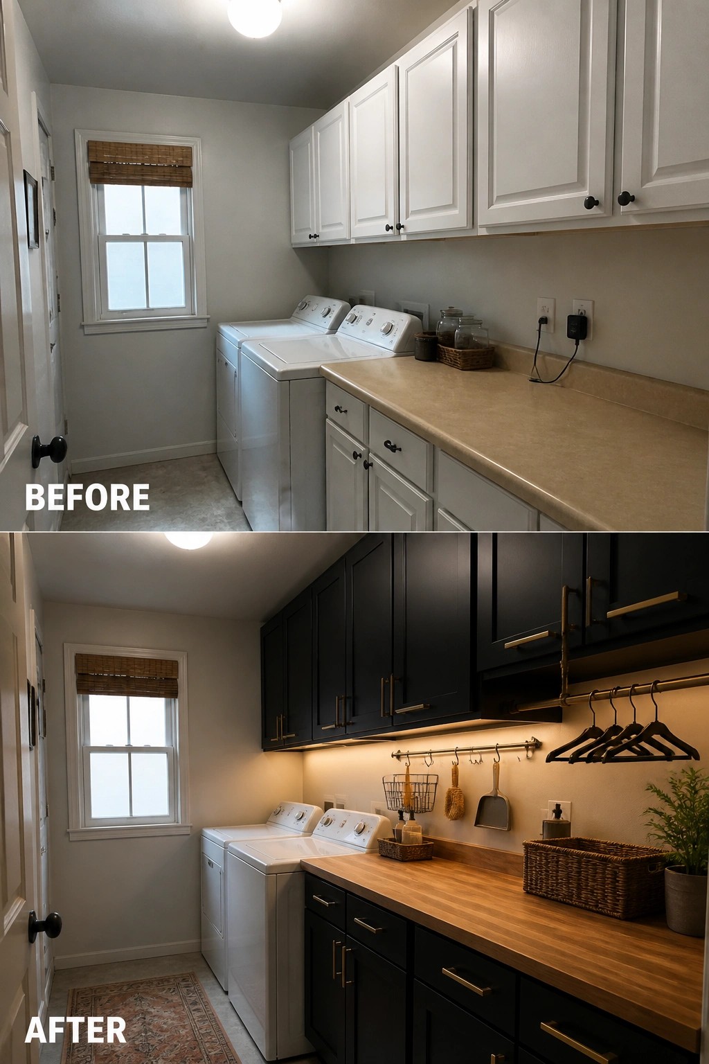 Before-and-after laundry room with white cabinets above and dark cabinets with wood counter below
