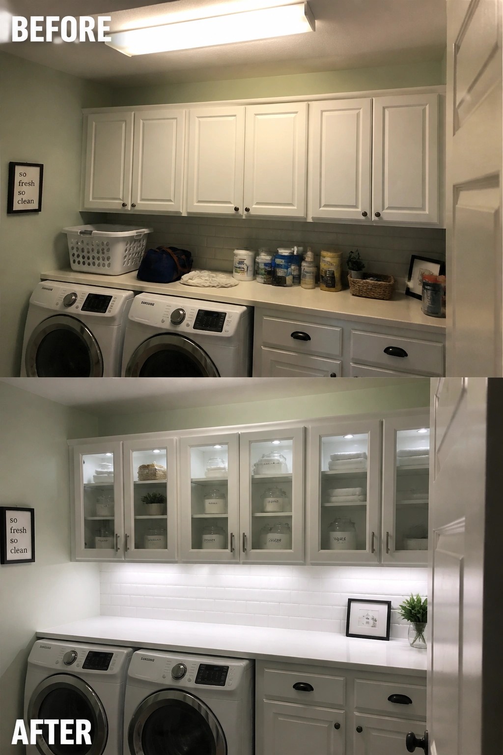 Before and after laundry room with white cabinets, Samsung washers, and organized glass displays.