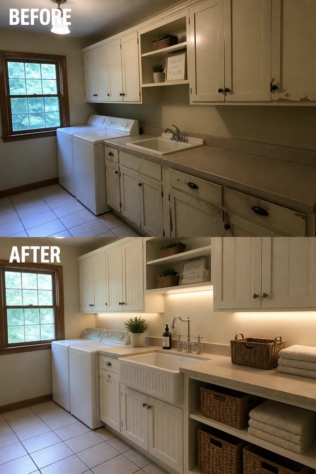 Before and after laundry room with white cabinets, farmhouse sink, baskets, and towels.