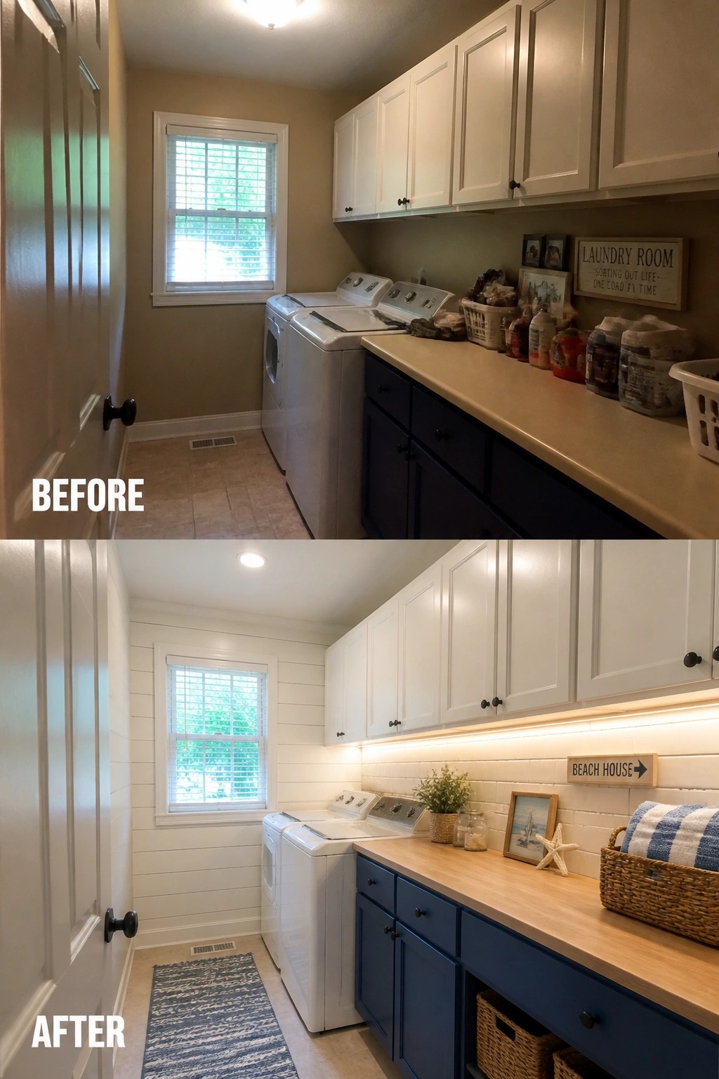 Before and after laundry room renovation with white cabinets, blue lowers, and coastal decor.