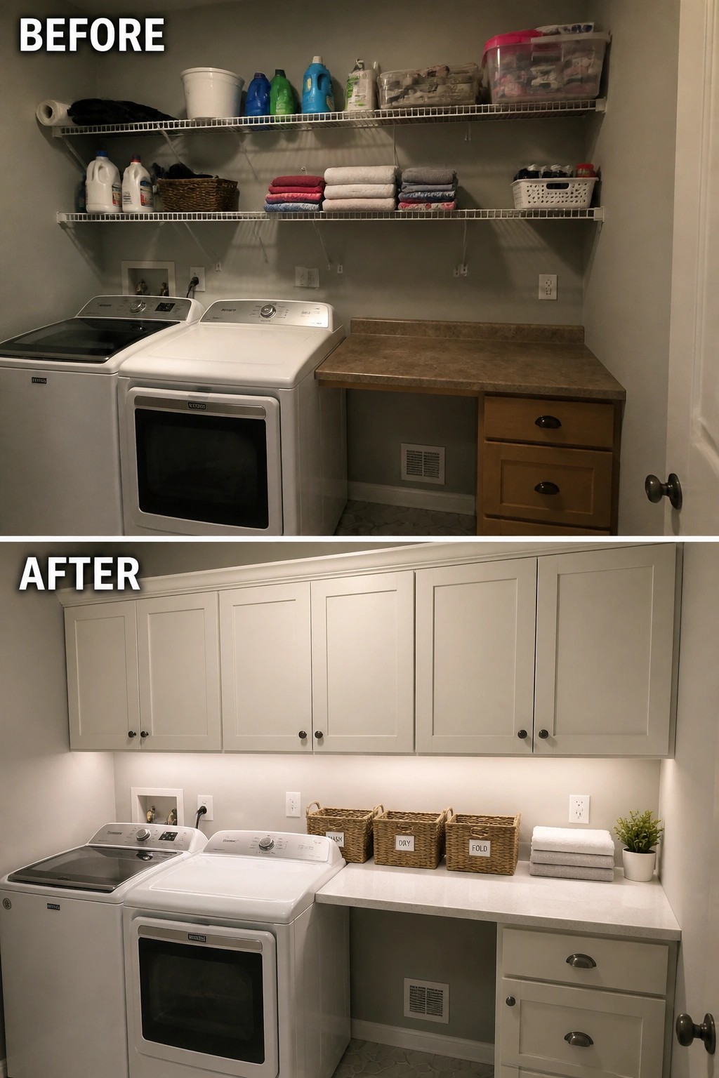 Before-and-after laundry room: cluttered shelves above washer upgraded to white cabinets and baskets