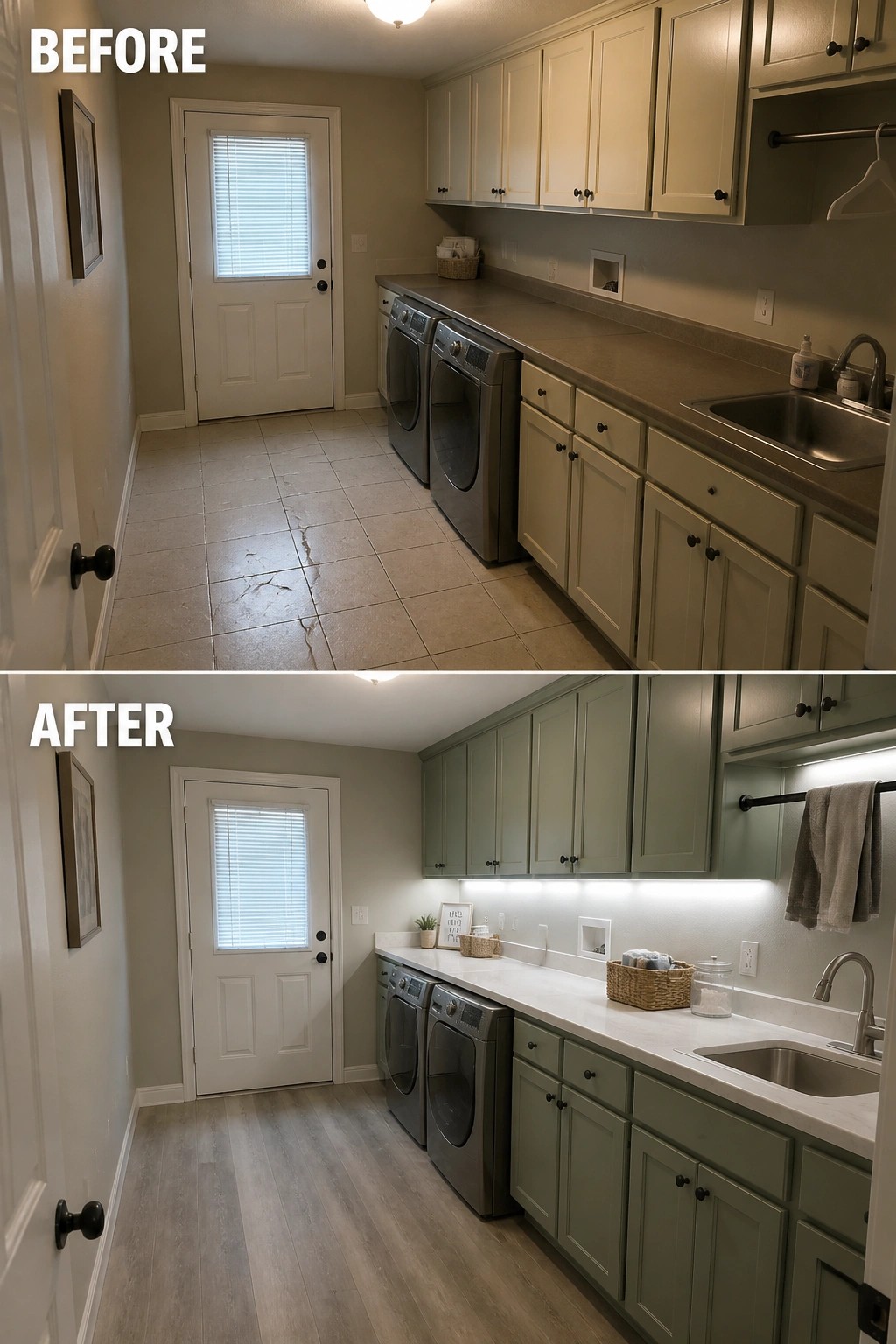 Before and after laundry room with beige vs green cabinets and new flooring