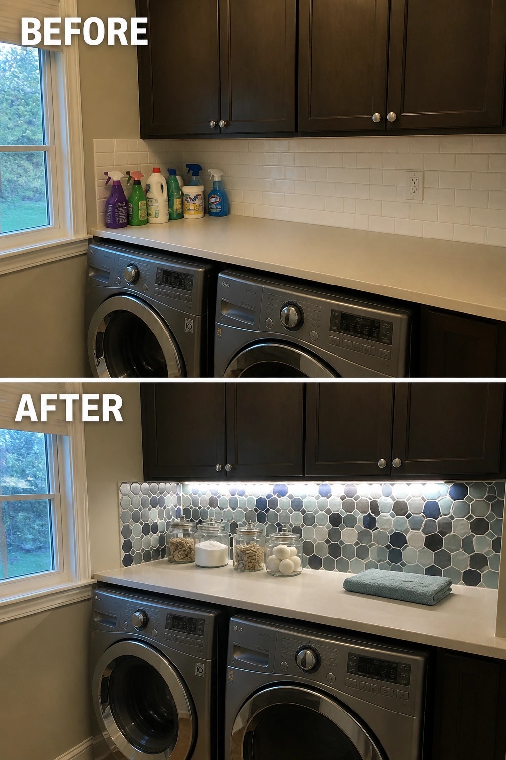 Before-and-after image of a laundry room with dark cabinets and front-load machines, showing a plain white subway tile backsplash before and a blue hexagonal tile backsplash with under-cabinet lighting after.