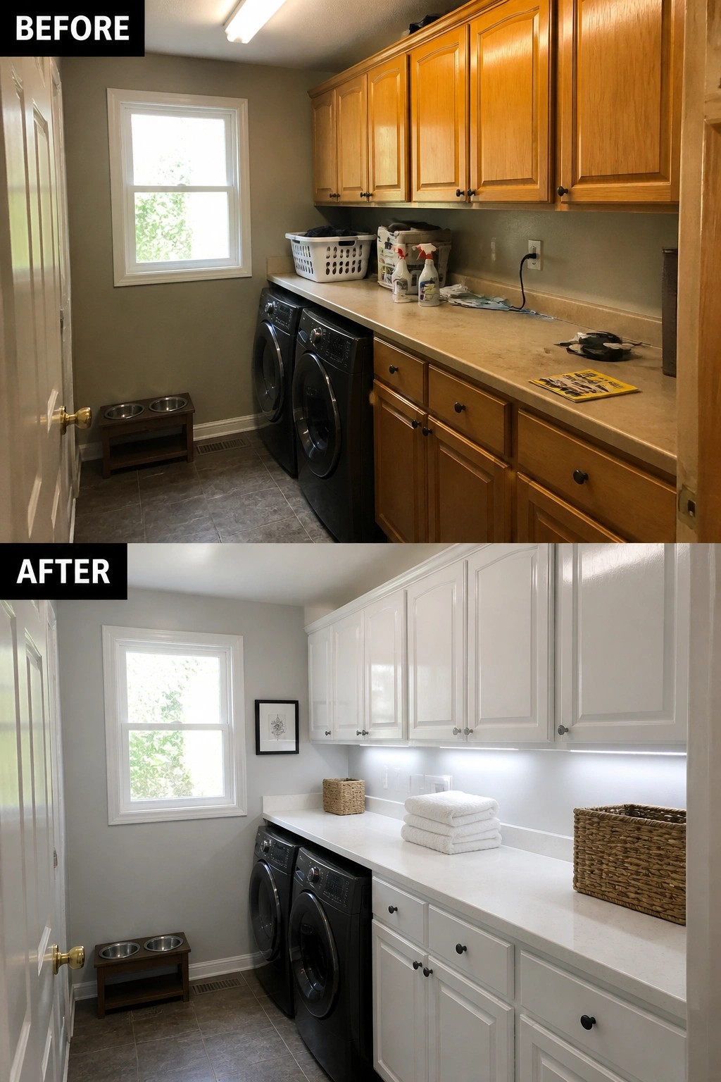 Before and after laundry room with wooden cabinets upgraded to white, clean counters.