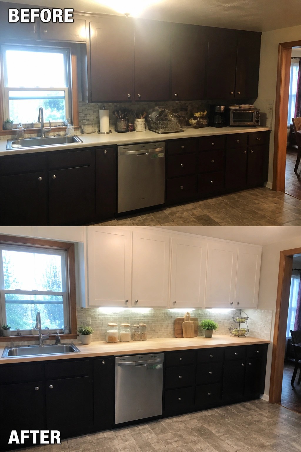 Before and after kitchen with dark cabinets replaced by white upper and black lower