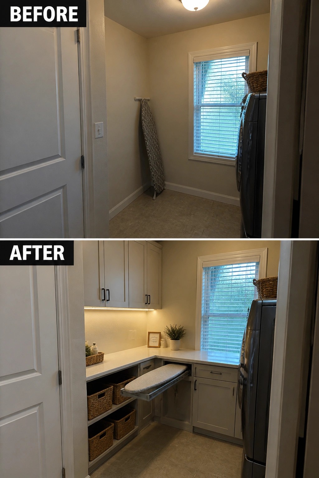 Before-and-after image of a laundry room showing an empty space with only overhead light changed to one with upper cabinets, a countertop, open shelves, and under-cabinet LED lighting.