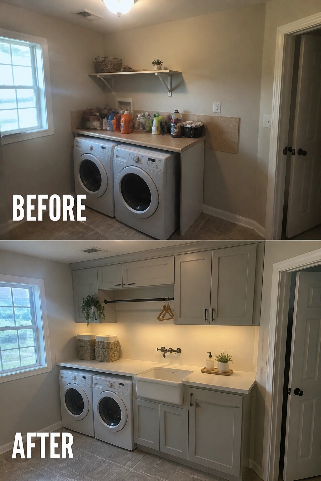 Before and after laundry room remodel with gray cabinets, sink, and organized machines