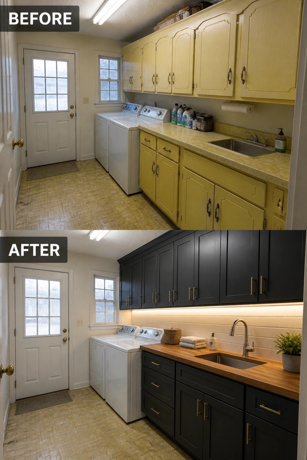 Before-and-after image of a laundry room with yellow cabinets changed to dark cabinets, wood countertops, and under-cabinet lighting.