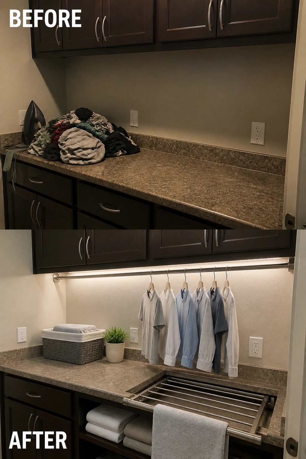 Before messy clothes pile on counter, after with hanging shirts, pull-out drying rack and folded towels.