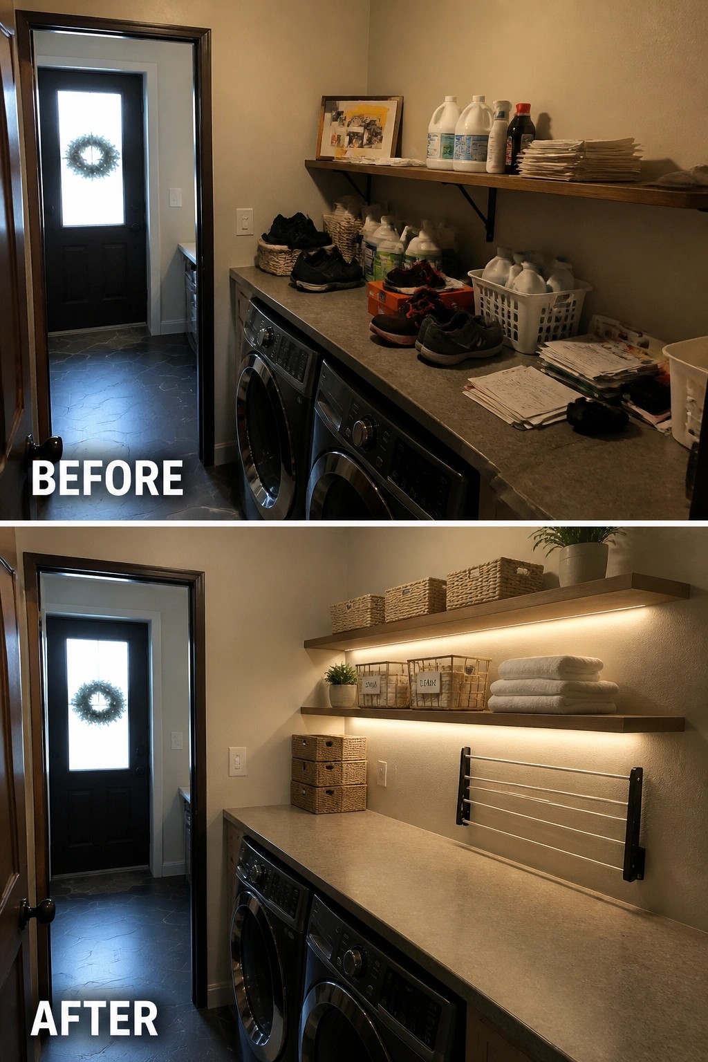 Before and after of cluttered laundry room transformed with organized shelves and lighting.