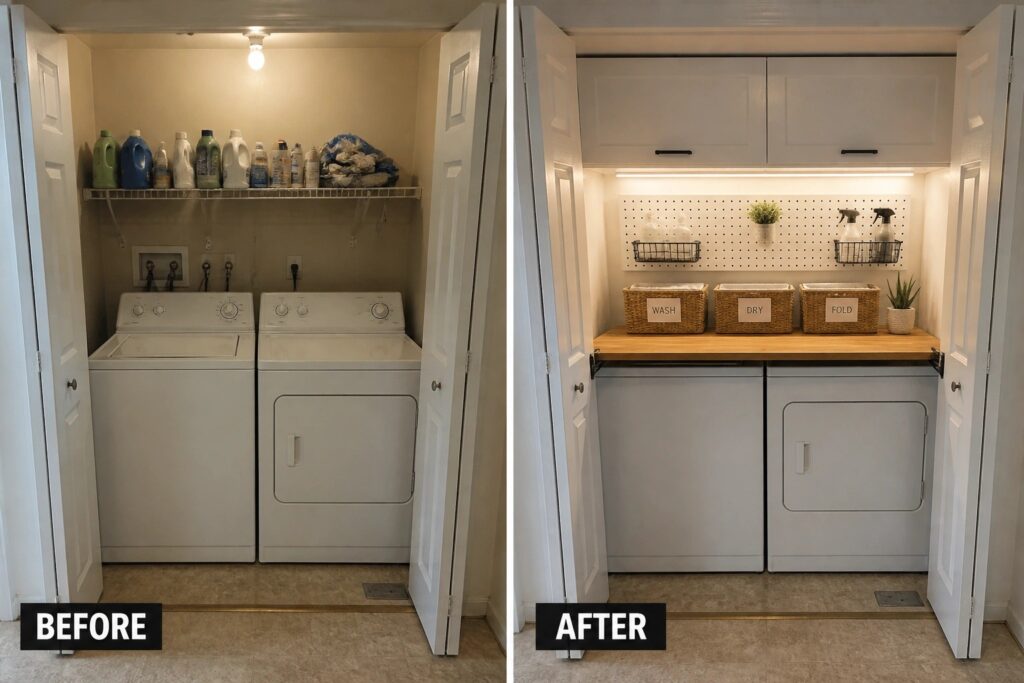 24 Bright Laundry Room Makeover Ideas Using Under-Cabinet Task Lighting Before-and-after image of a laundry closet with stacked washer and dryer, updated with upper cabinets, side counter, pegboard, and under-cabinet lighting.