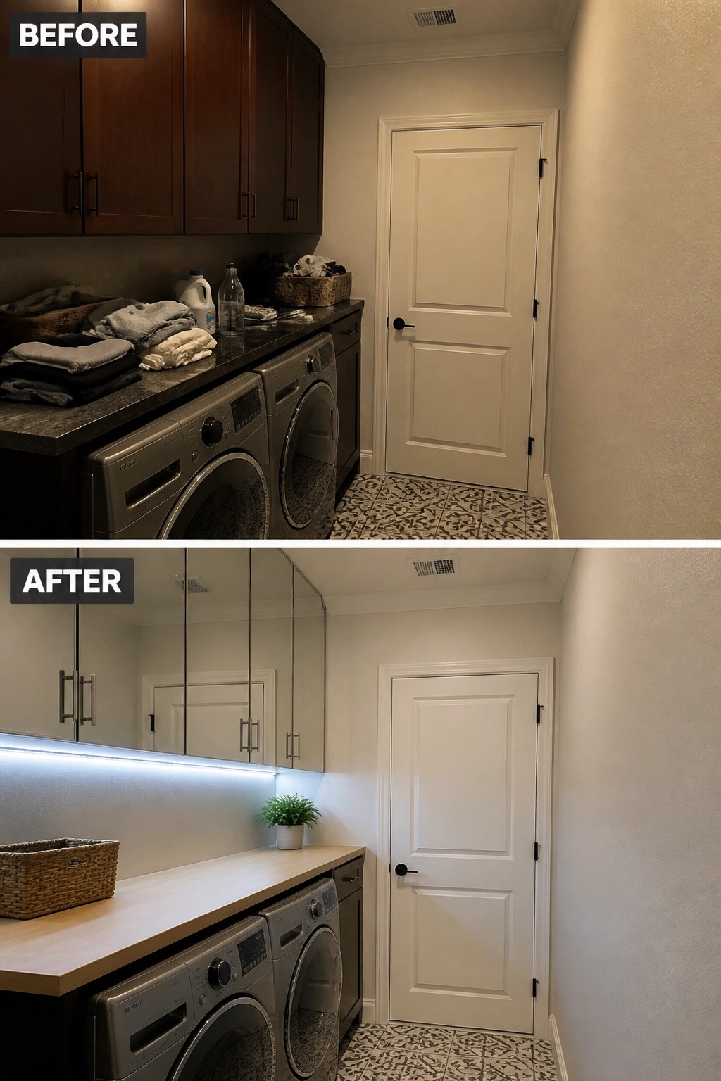 Before and after laundry room remodel with dark cabinets to bright modern ones.