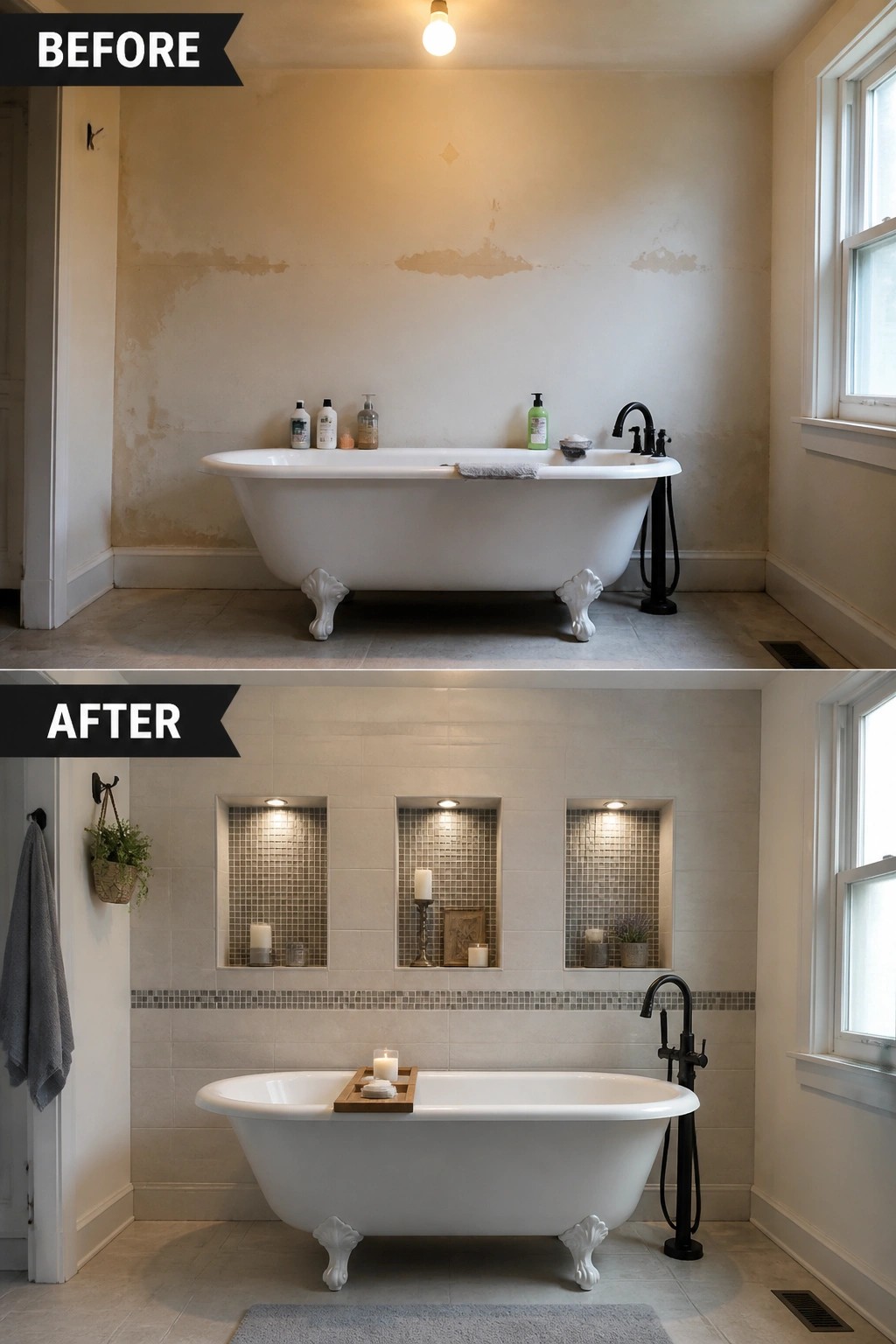 Before and after bathroom with clawfoot tub, peeling walls, and tiled niches